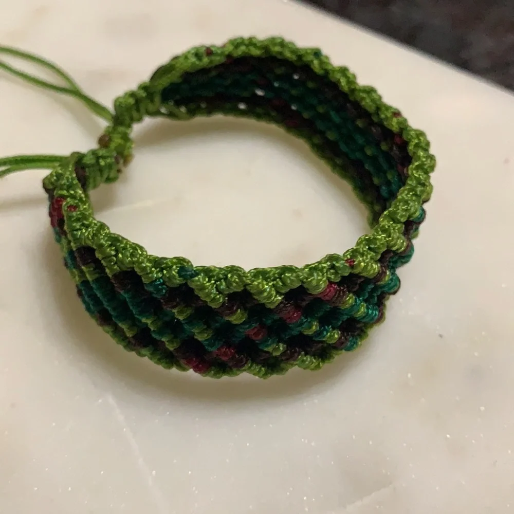 Green, maroon, olive green & burgundy handmade woven twine rope bracelet
